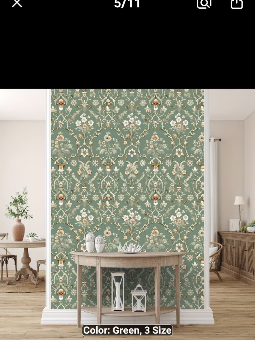 New Green Floral Damask self Adhesive Wallpaper 17.3x394in -1538-2577 - Picture 1 of 2